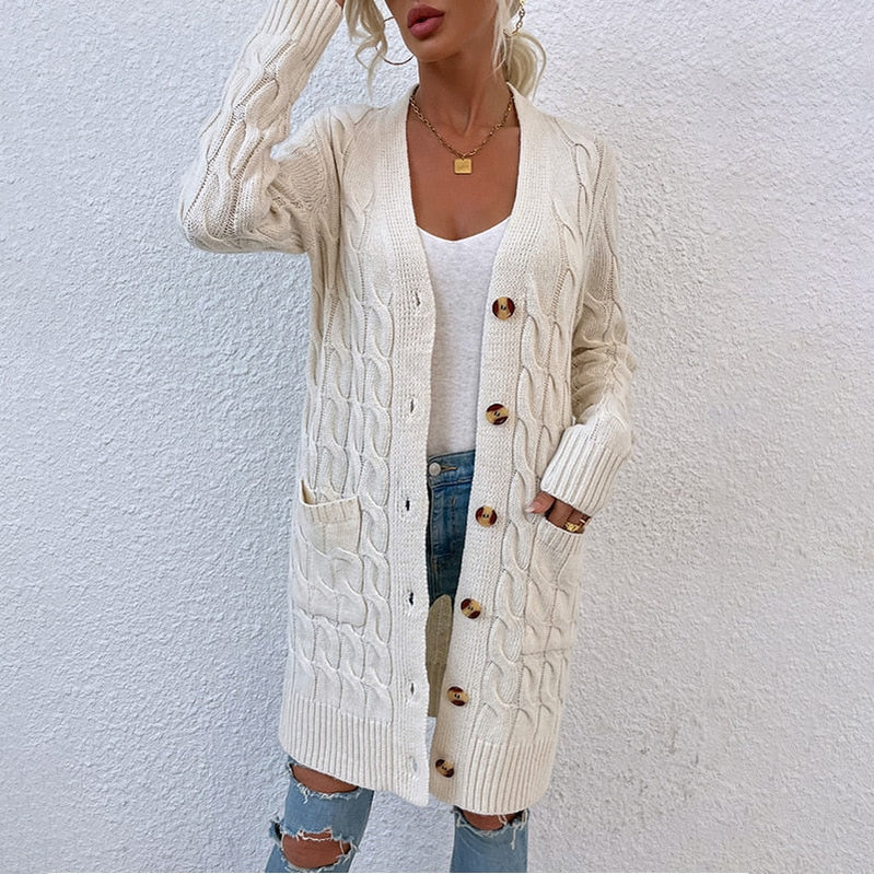 Casual Long Sweater Full Sleeve Single Breasted Solid Knitted Cardigan Women beige