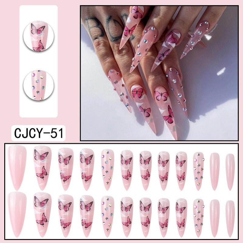 Glossy Pink Wearable Nail Art Blue Rhinestone Extra Long Ballet Detachable Finished False Nails Press on Nails with Glue MT796CJCY51