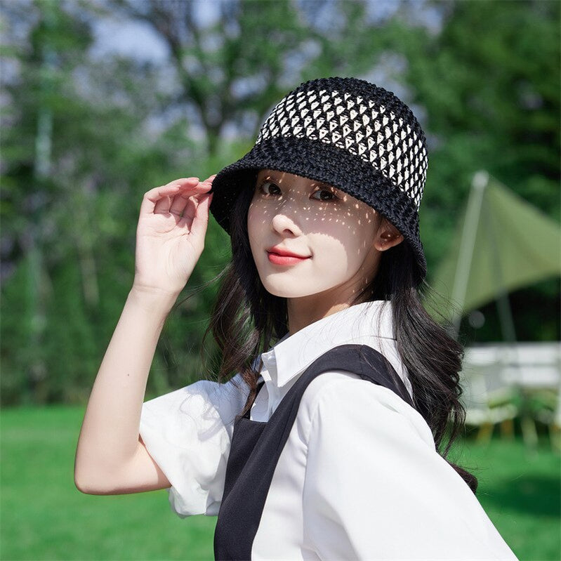 Sunscreen Hat Women's Net Red ins Korean Bucket Hat Hollow out Fisherman Basin Hat Outdoor Knitted Sun Shield Hat 9 55-58CM