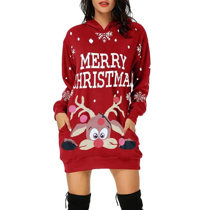 Christmas Elk Snowflake Printed Sweatshirts Party Dress Women Fashion Dresses Sweatshirts Long Sleeve Hoodies Dress Casual Tops WW00058