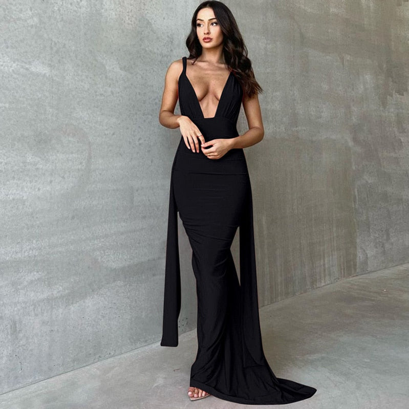 One Shoulder Backless Adjustable Scarf Loop Ruched Sexy Maxi Dress 2023 Women Elegant Y2K Vintage Dress Fashion Summer Robe Size Style3 black