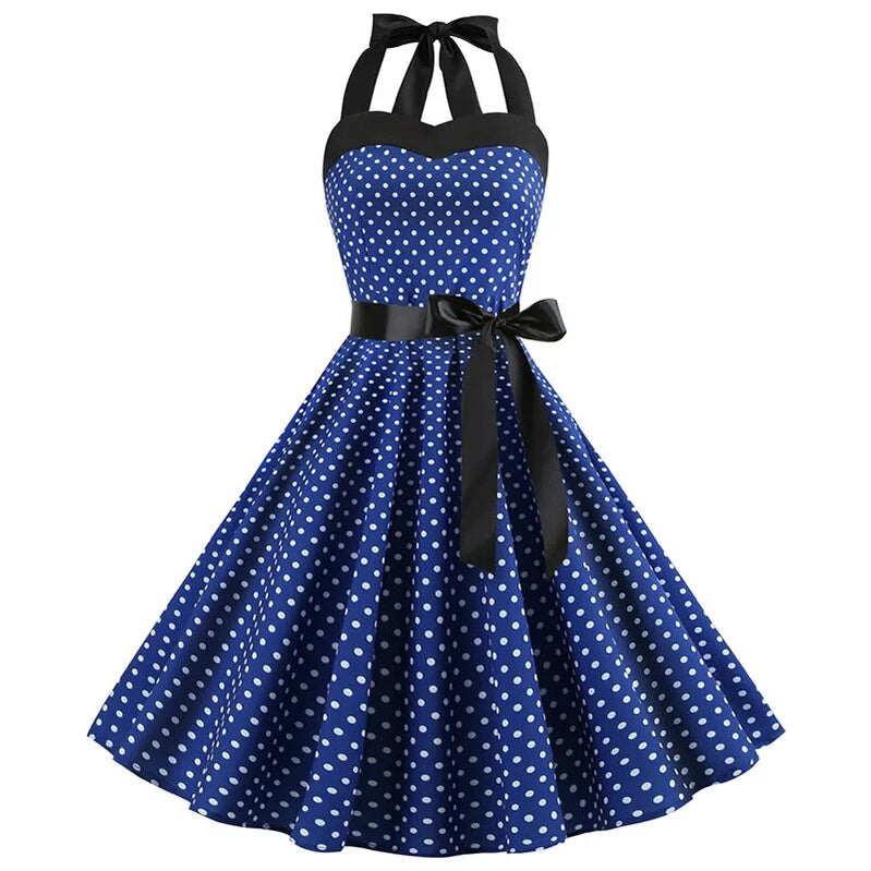 Polka Dot Dress Women Vintage Swing Halter Belt 50s 60s Rockabilly Prom Party Dresses Retro Feminino Vestidos 1014-BLUE