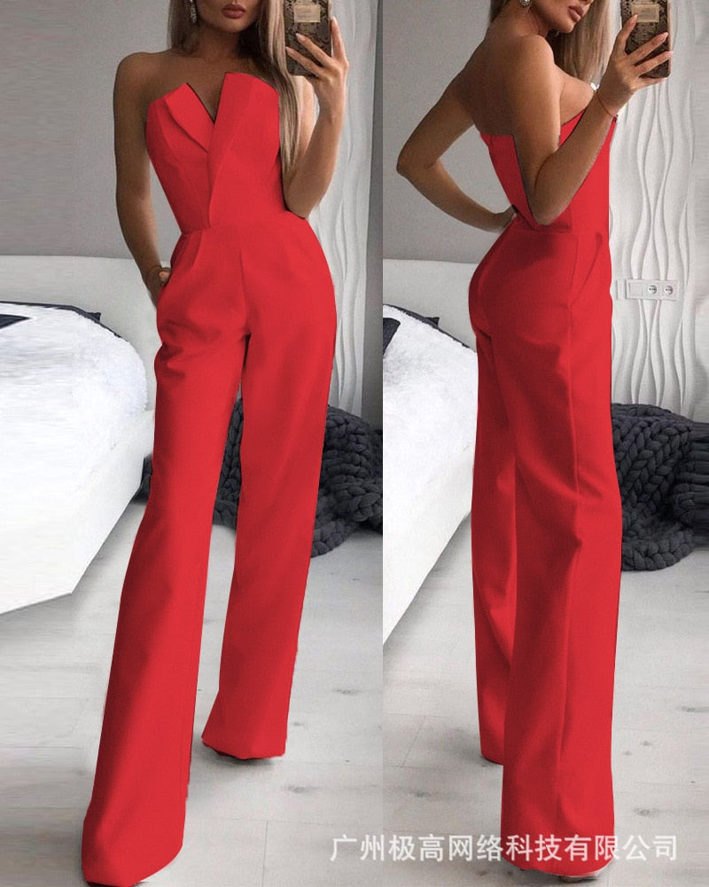 Elegant Slim Office Lady Black Strapless Jumpsuits for women Summer New Sexy Sleeveless White Red Wide leg Jumpsuits 2