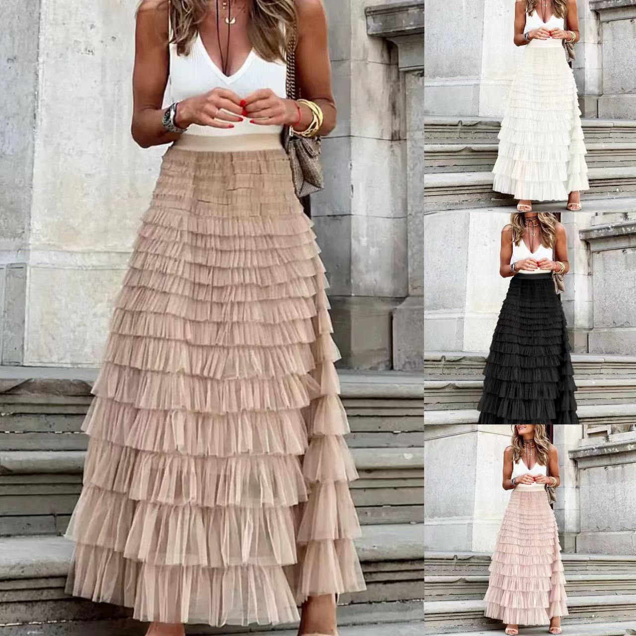 Summer Long Skirt Layered Ruffles Design Elegant Maxi Dress Office Women Commuting Party Attire Autumn Elegant Skirt
