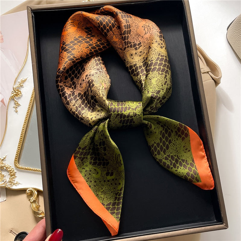 Luxury Print Satin Silk Square Scarf for Women Shawl Hijab Neckerchief Female Hair Ribbon Headband Fashion Wrap Bandana New FJ637-3