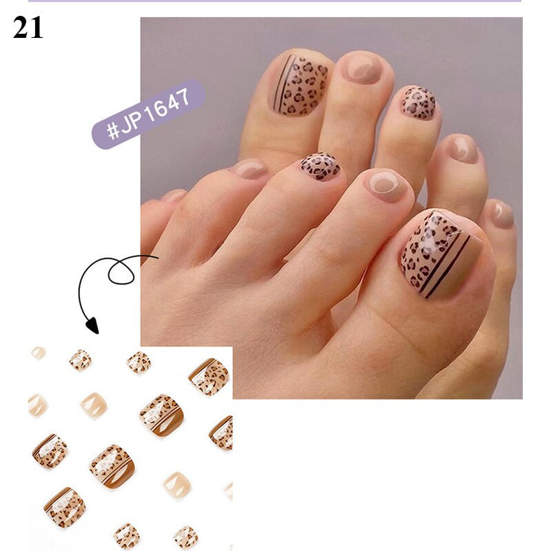 False Toenail 24Pcs/Box Toe Nail 3D Glitter Decor Press On Fake Nails With Glue Detachable Square Short Full Cover DIY Nail Tips 21