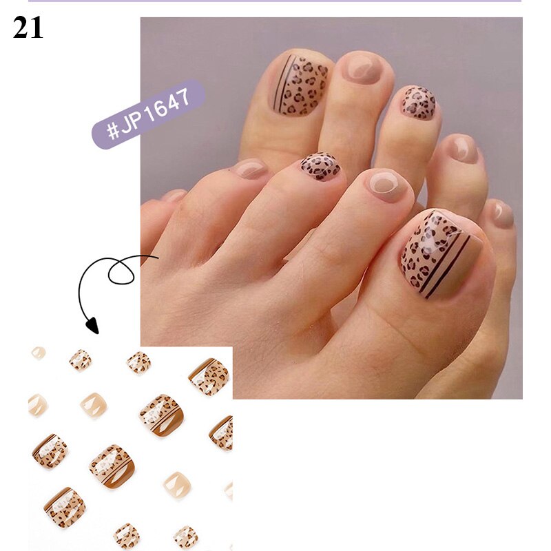 False Toenail 24Pcs/Box Toe Nail 3D Glitter Decor Press On Fake Nails With Glue Detachable Square Short Full Cover DIY Nail Tips 21