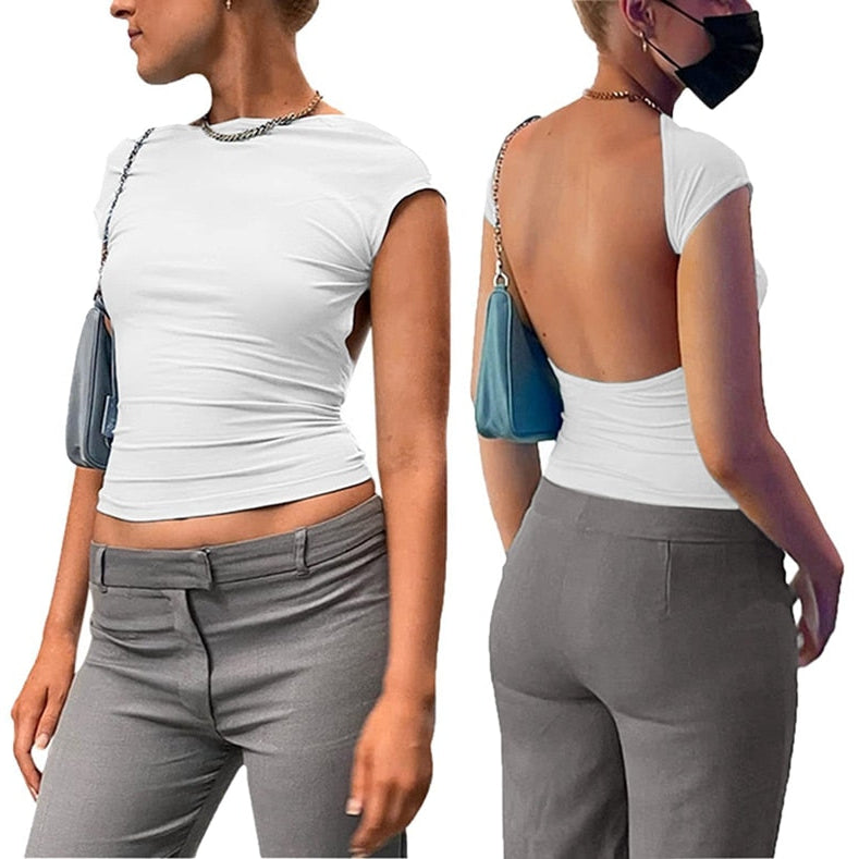 Y2K Sexy Backless Crop Top Women Casual 2023 Summer Short Sleeve O Neck T Shirts Streetwear Fit Slim Pullovers Base Tees T-Shirt White