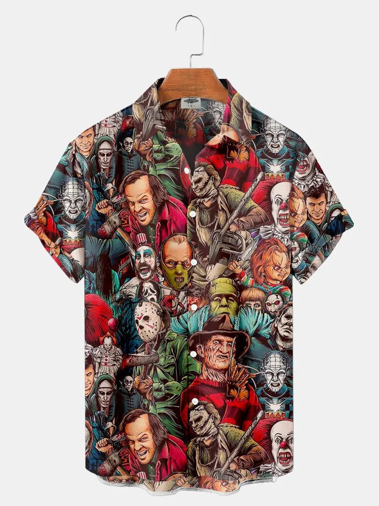 Summer New Men's Shirt 3d Patrón de terror estampado en 3D Diseñador de moda de moda hawaiano Camisas de terror para hombres Impresión 3xl tops