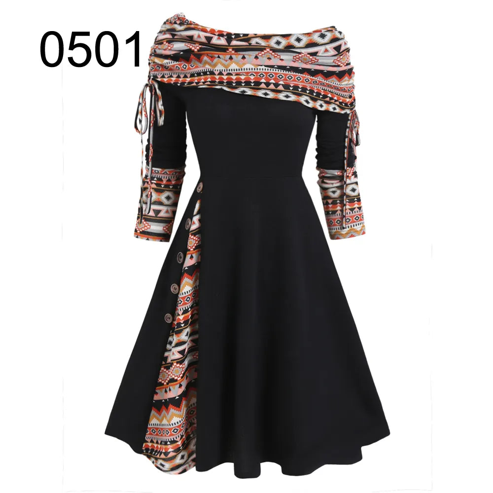Convertible Cinched Striped Flare Dress Foldover Off The Shoulder Knitted Dresses Women Long Sleeve Jurken Multi0501 1