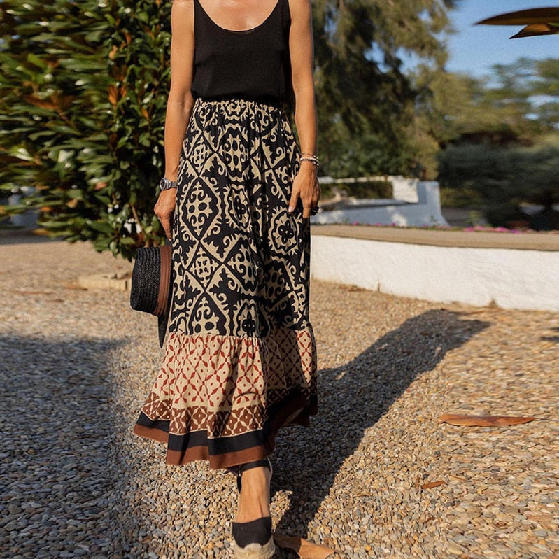 Women's Fashion Skirt 2023 Summer New Commute Geometric Pattern Printing Ruffle Sleeve Loose Stitching Large Swing Women’s Skirt Biack