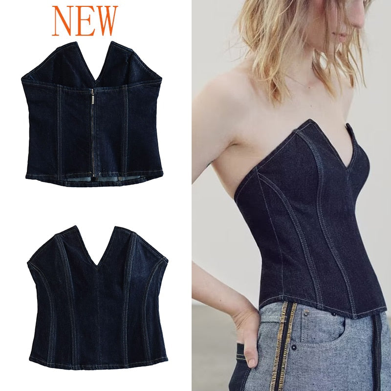 Traf Women's Corset Crop Top Y2k Streetwear Summer Women's Clothing - Vitage Denim Croo Top Women Vest 2023