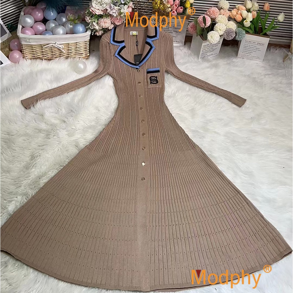 Modphy Elegant Slim Knitted Long Dress Women's Single breasted Long sleeved Designer Slim Vintage Dresses Autumn Khaki Long Sleeves