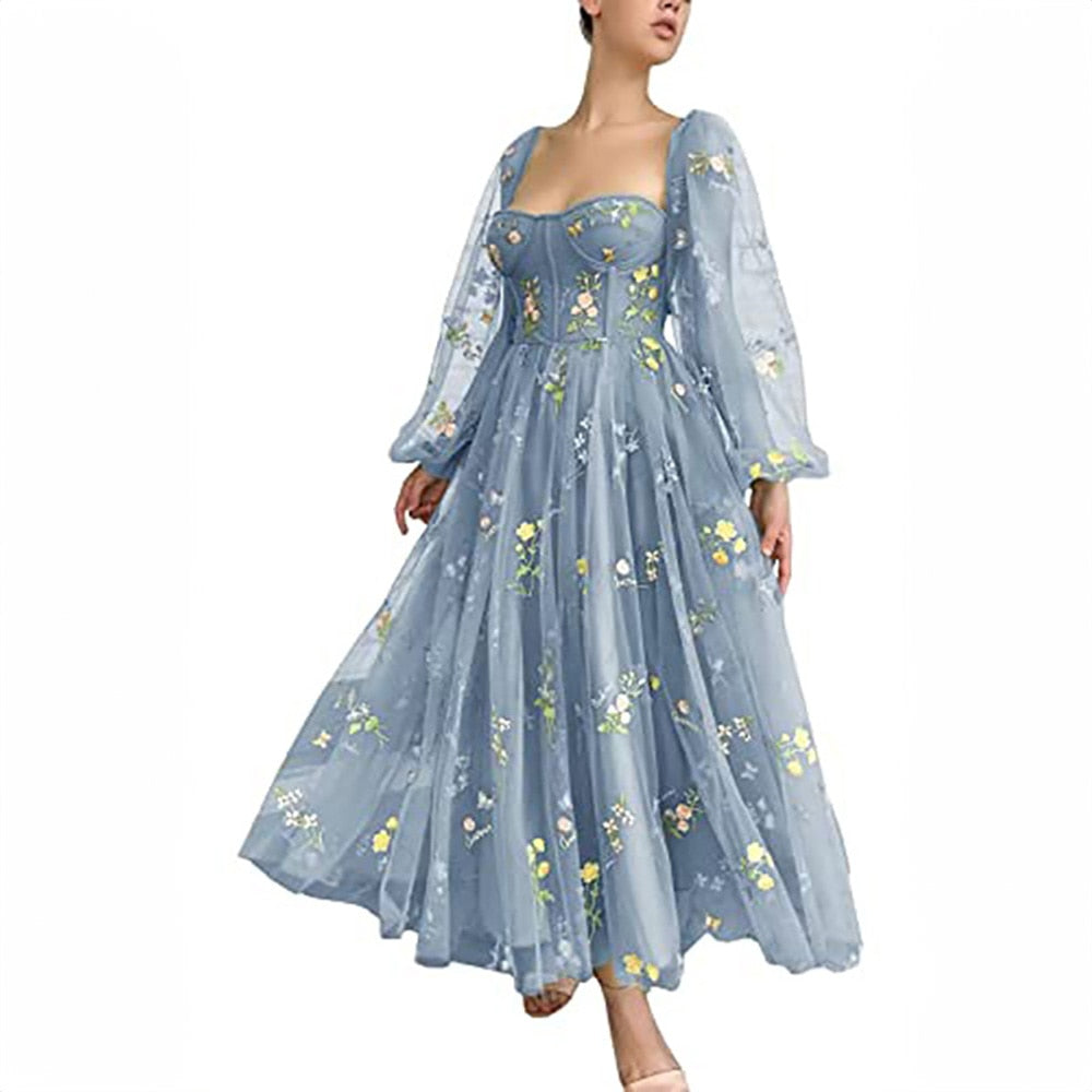 Elegant Homecoming Dresses Square Neck Appliques Gorgeous Puff Sleeves Evening Dresses Lace Up vestidos de graduación picture color 3