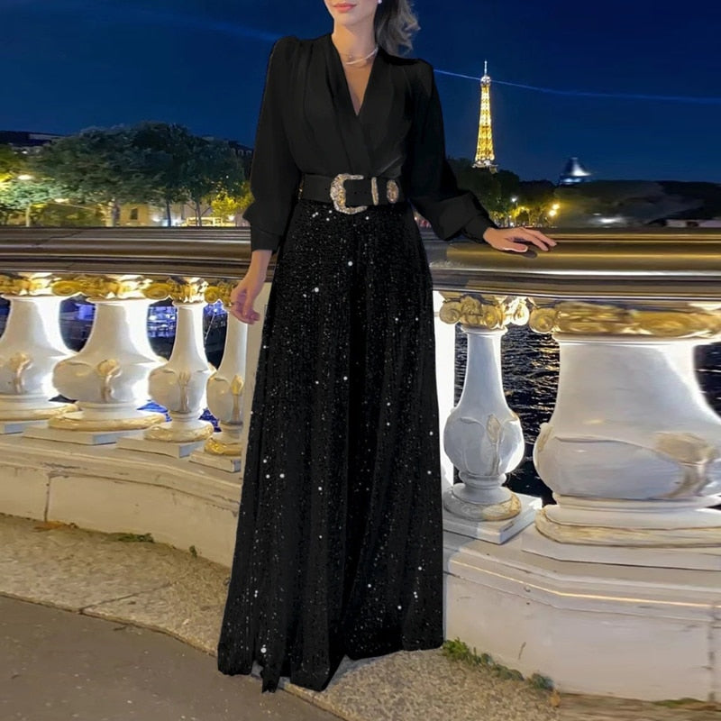 Women Long-Sleeved Shirt Sequin Wide-Leg Pant Jumpsuits Spring Summer Solid Color Loose Playsuit Casual V Neck Party Romper