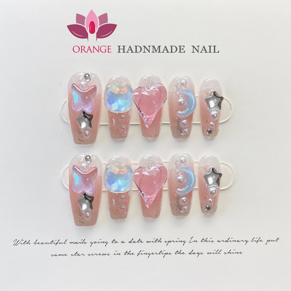 Handmade Beauty Nails Pressed on Design Decoration Fake Nails Design Full Cover Artificial Manicuree Wearable Orange Nail Store Spain