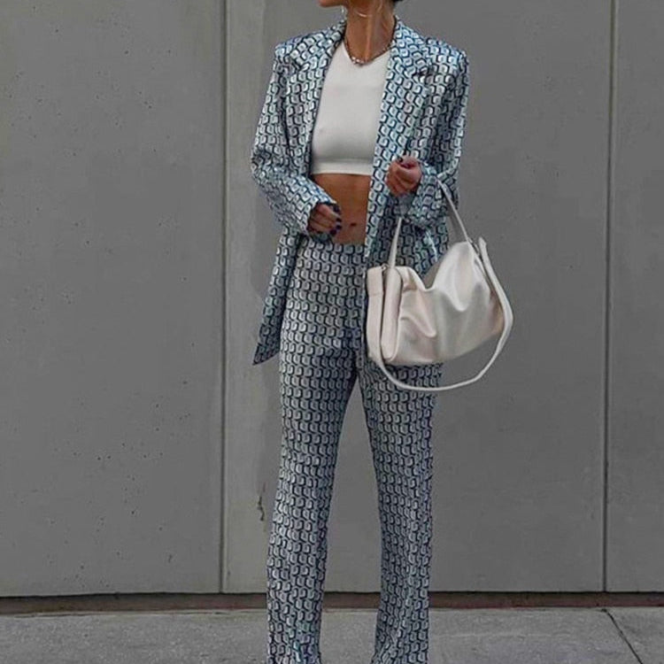 Autumn Winter Women Office Satin Suit Sets Printed V-neck Long Sleeve 2 Piece Pant Matching Set