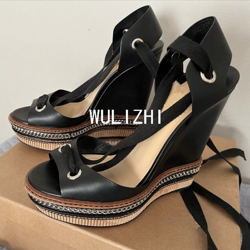 Wedge Metal Chain Strap Sexy Sandals Woman Peep Brown Leather Zipper Platform Heels Cover Open Suede Velvet Noble Shoes Summer