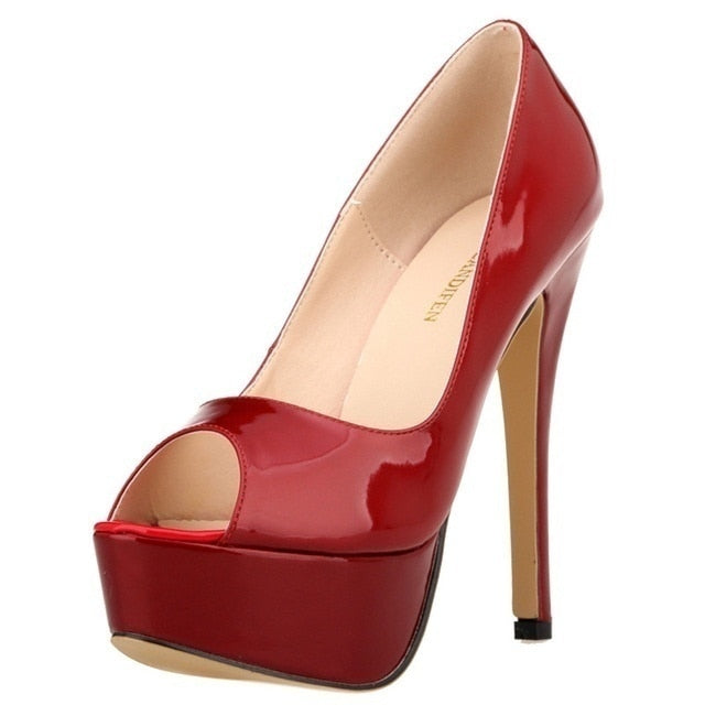 Women Pumps Sexy Platform Peep Toe 14cm Extremely High Heels Woman Patent Leather Nighclub Red Wedding Shoes Gradient Stiletto