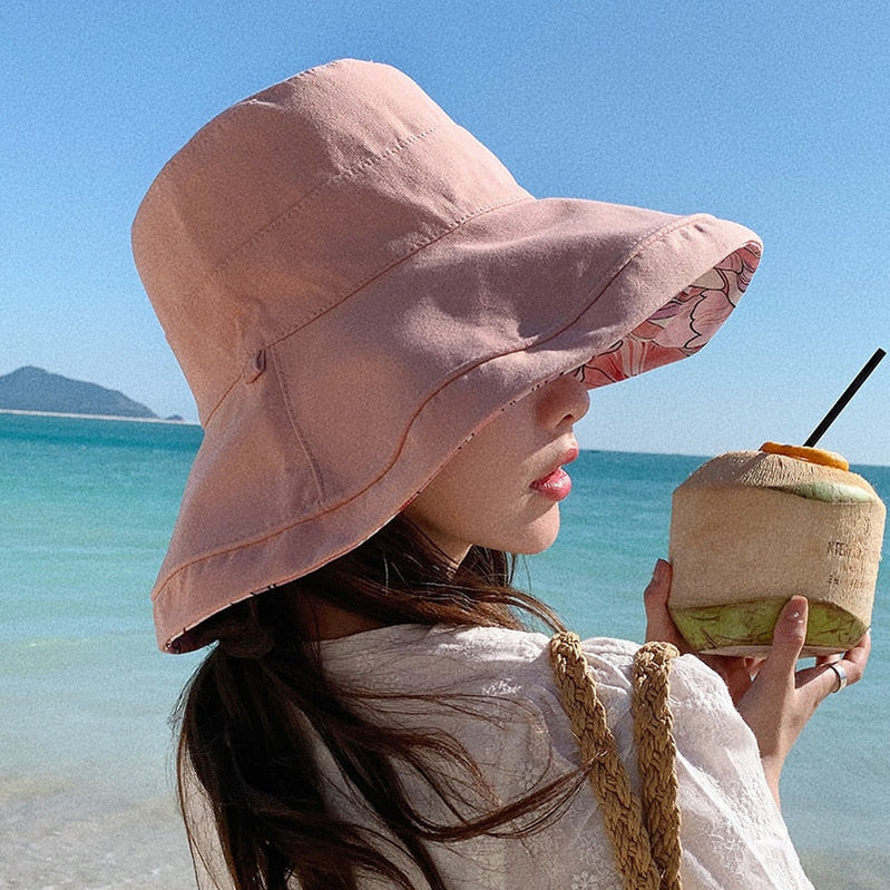 Spring Summer Print Reversible Sun Beach Hat Woman Girl Outdoor Travel Vacation Fisherman Cap Wide Brim 12.5cm Visor Hat A Pink Head Girth 56-58cm