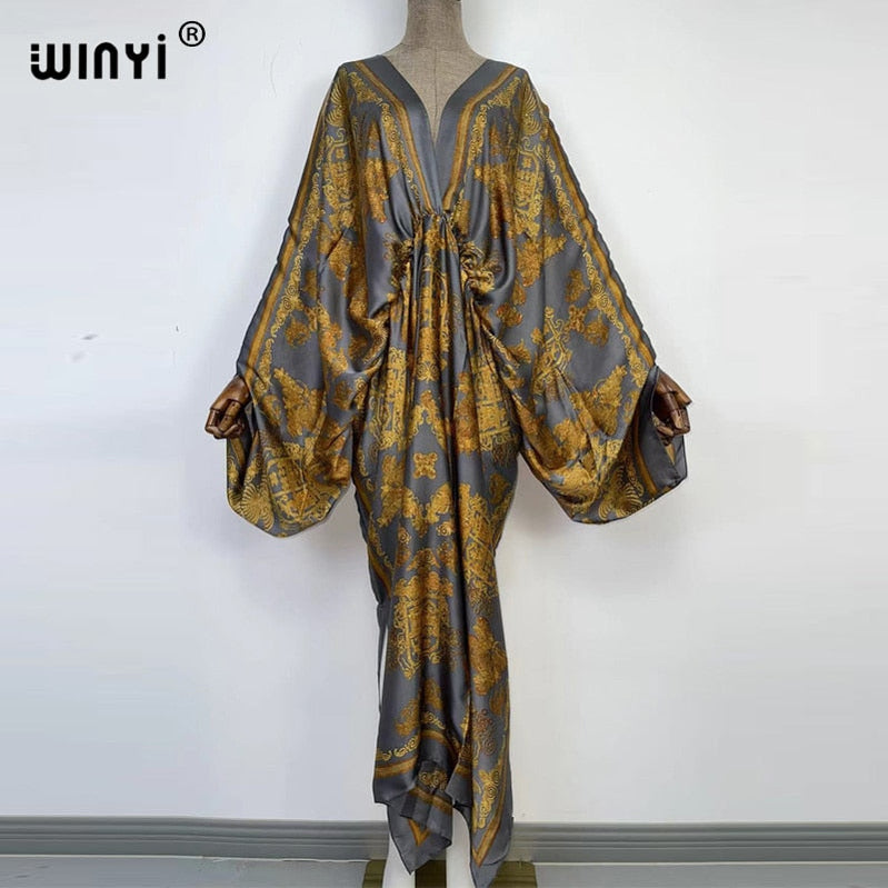 Sexy bech hand-rolled feel silk rayon fashion print Maxi Women's robes long beach V-neck Bohemian dress 24 One Size