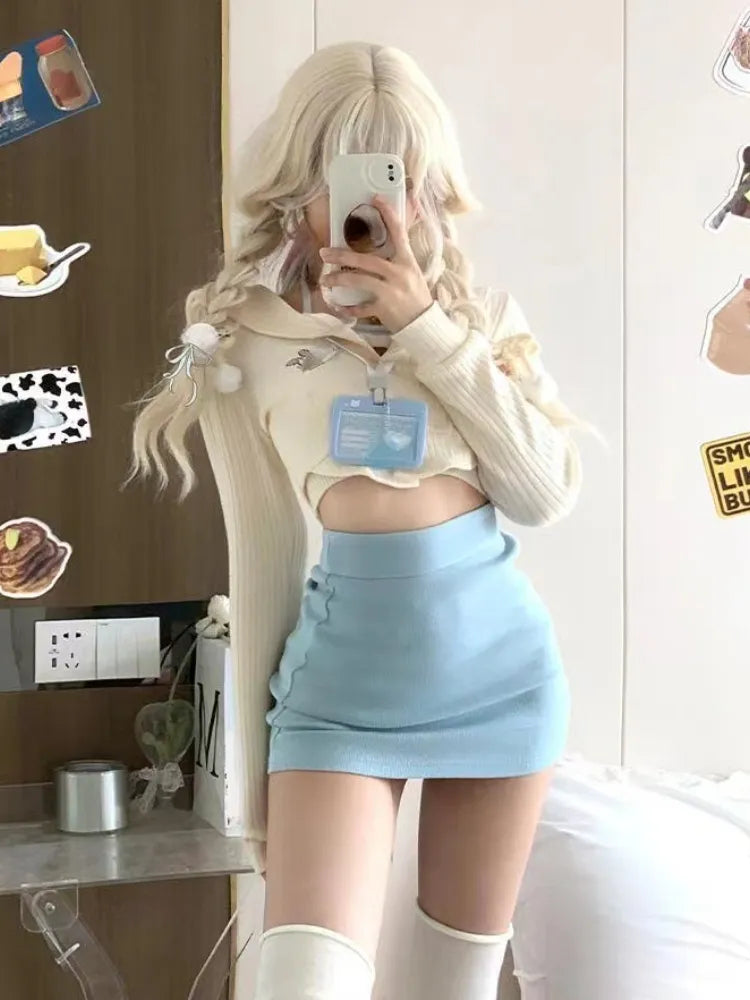 Autumn Japanese Long Sleeve Slim 3 Piece Dress Set Women Kawaii Clothing Pure Color Cardigan + Mini Skirts Fashion Suits