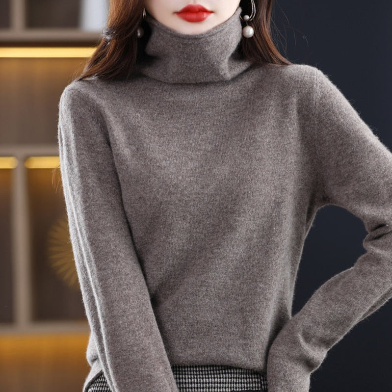 Pure Wool Women Sweater Autumn Winter Fashion Pile Collar Pullover Cashmere Sweater Casual Long-sleeved Knitted Tops