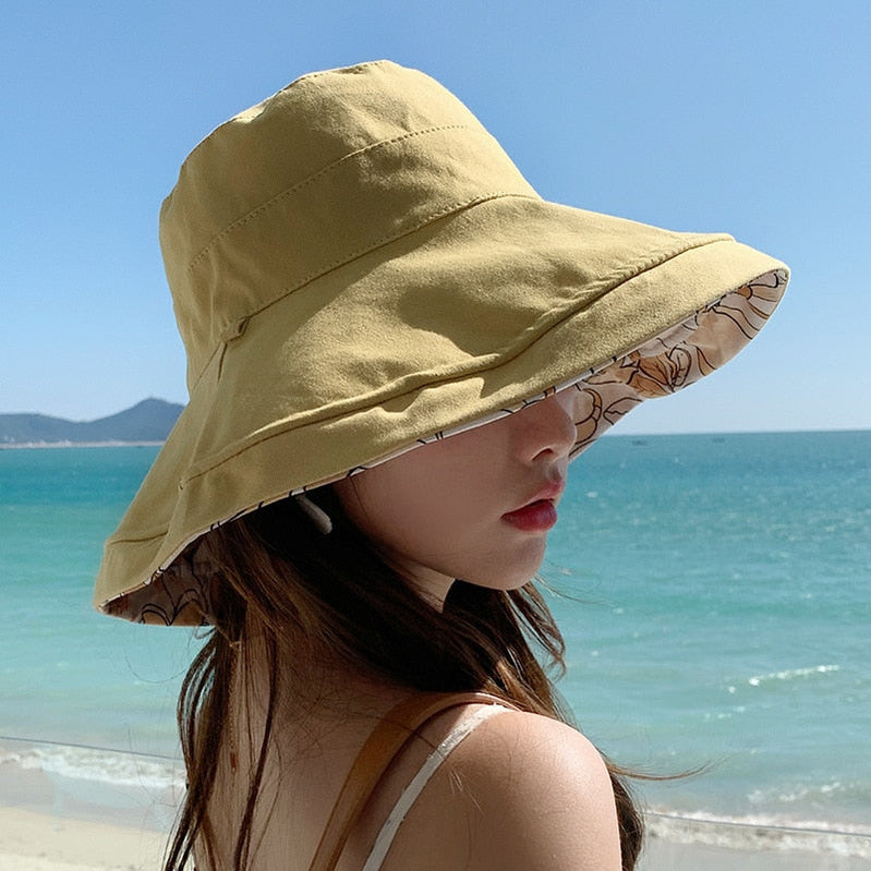 Spring Summer Print Reversible Sun Beach Hat Woman Girl Outdoor Travel Vacation Fisherman Cap Wide Brim 12.5cm Visor Hat A Yellow Head Girth 56-58cm