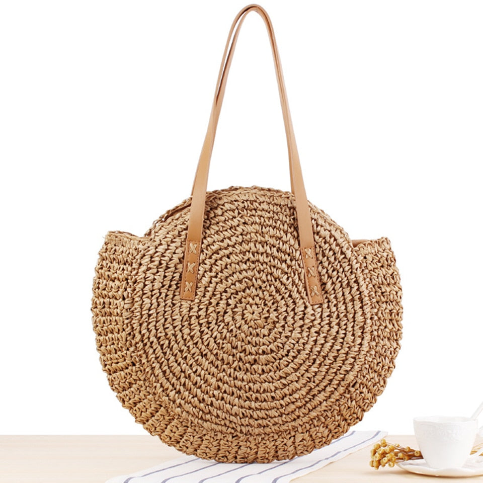 Summer Straw Handbag Wooden Handle Large Capacity Paper Rope Woven Straw Bag New Fashion Summer Vacation Travel Beach Bag brown 23