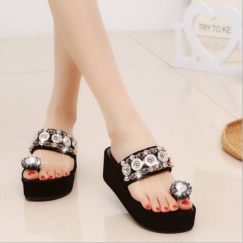 Women shoes Platform Gladiator Sandals Women Summer wedges slipper crystal Sandal Flat Platform summer women Slipper m325 Black
