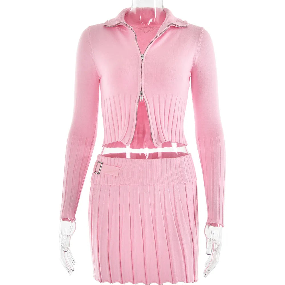 Fantoye Knit Sweater Two Piece Sets Women Tracksuit Long Sleeve Double Zipper Skirt Suit Female Solid Casual Knit Sweatshirt Set Pink