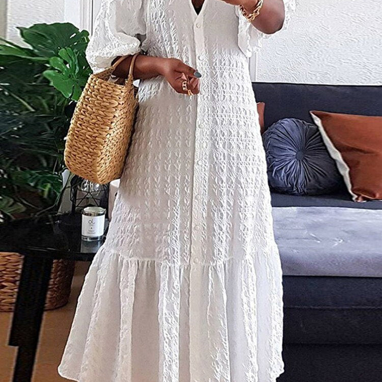 Plus Size 5XL VONDA Women Shirt Dress 2023 Summer Sexy V Neck Buttons Half Sleeve Long Maxi Vestidos Bohemian Elegant Party Robe White