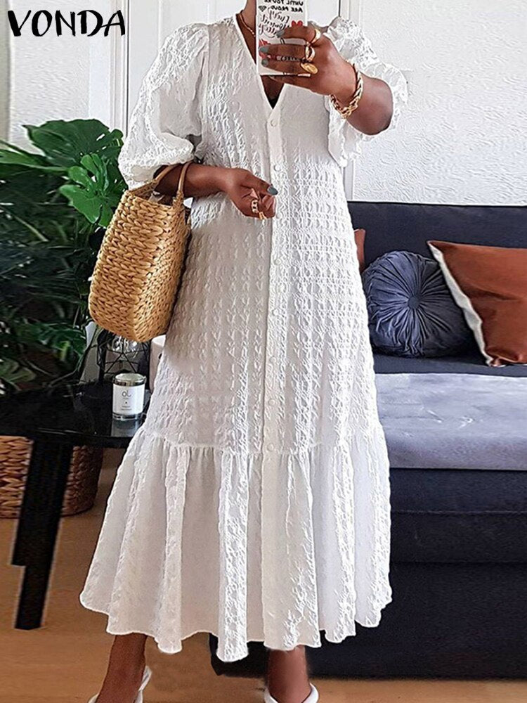 Plus Size 5XL VONDA Women Shirt Dress 2023 Summer Sexy V Neck Buttons Half Sleeve Long Maxi Vestidos Bohemian Elegant Party Robe White