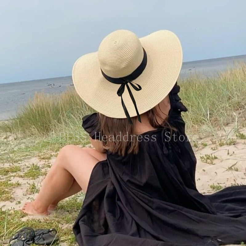 Simple Foldable Wide Brim Floppy Girls Straw Hat Sun Hat Beach Women Summer Hat UV Protect Travel Cap Lady Cap Female