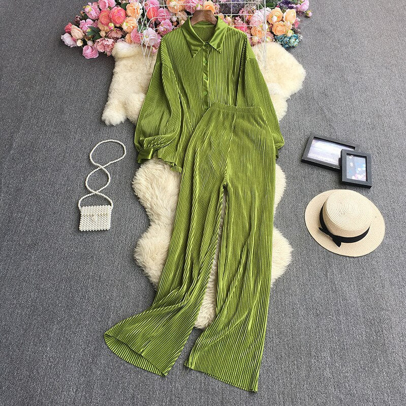 Casual Women Elegant Pleated Two Piece Set Long Sleeve Shirt And Wide Leg Pant Suits Loose Office Lady Outfits Autumn grass green One Size
