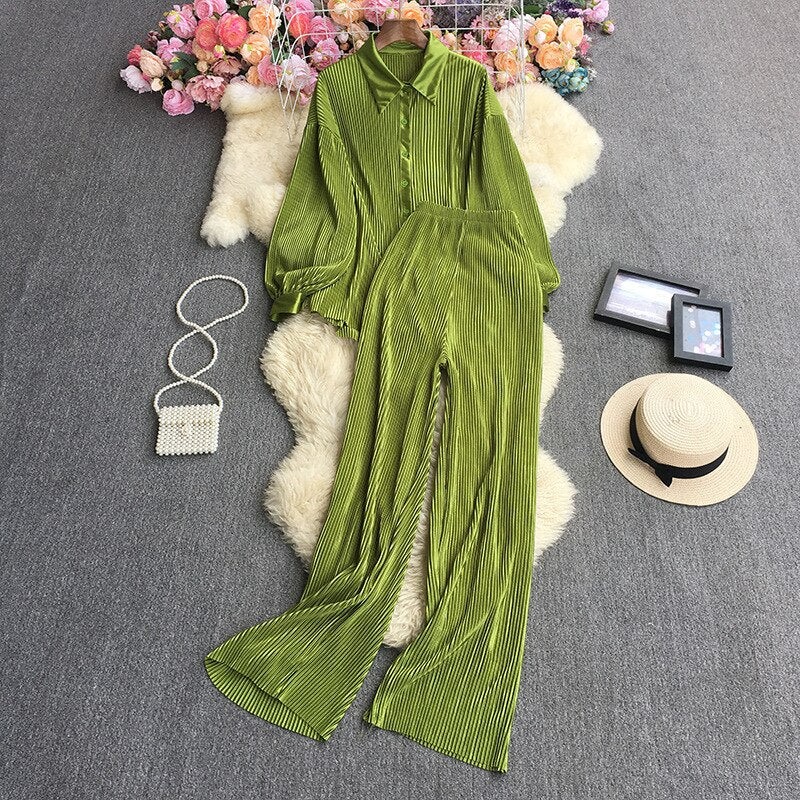 Casual Women Elegant Pleated Two Piece Set Long Sleeve Shirt And Wide Leg Pant Suits Loose Office Lady Outfits Autumn grass green One Size