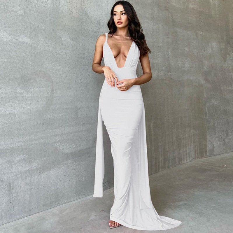 One Shoulder Backless Adjustable Scarf Loop Ruched Sexy Maxi Dress 2023 Women Elegant Y2K Vintage Dress Fashion Summer Robe Size Style3 white
