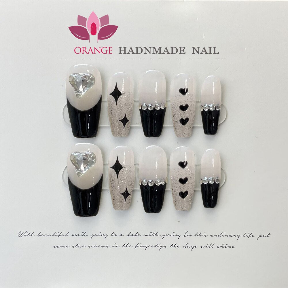 Black Fake Press on Nails Full Cover Ballerina Korean Handmade Manicuree Heart Decoration Nail Art Wearable Artificial Nail Tips Spain