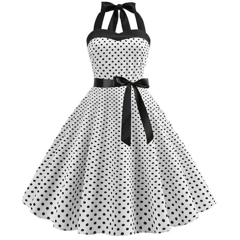 Polka Dot Dress Women Vintage Swing Halter Belt 50s 60s Rockabilly Prom Party Dresses Retro Feminino Vestidos 1014-WHITE