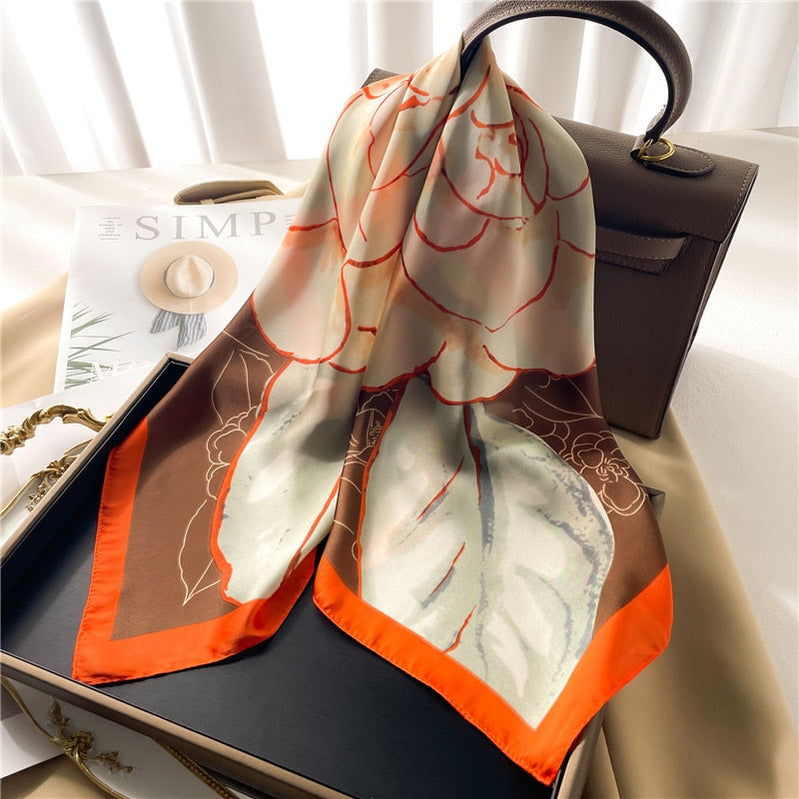 Luxury Print Satin Silk Square Scarf for Women Shawl Hijab Neckerchief Female Hair Ribbon Headband Fashion Wrap Bandana New FJ639-6