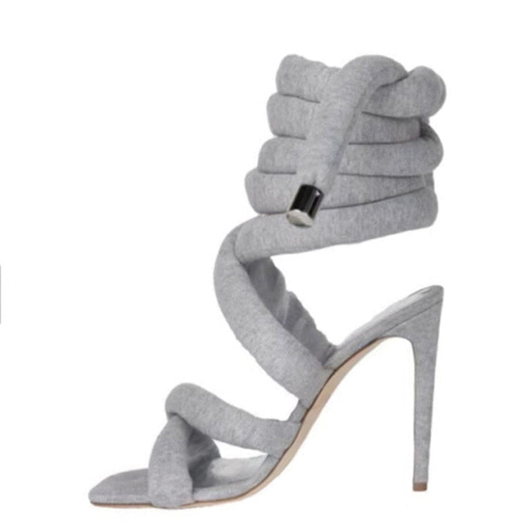 Summer Square Head Slim High Heel Sandals Wrapped Around The Feet Fashion Show Dress 43 Large Women's Sandals Dark Grey