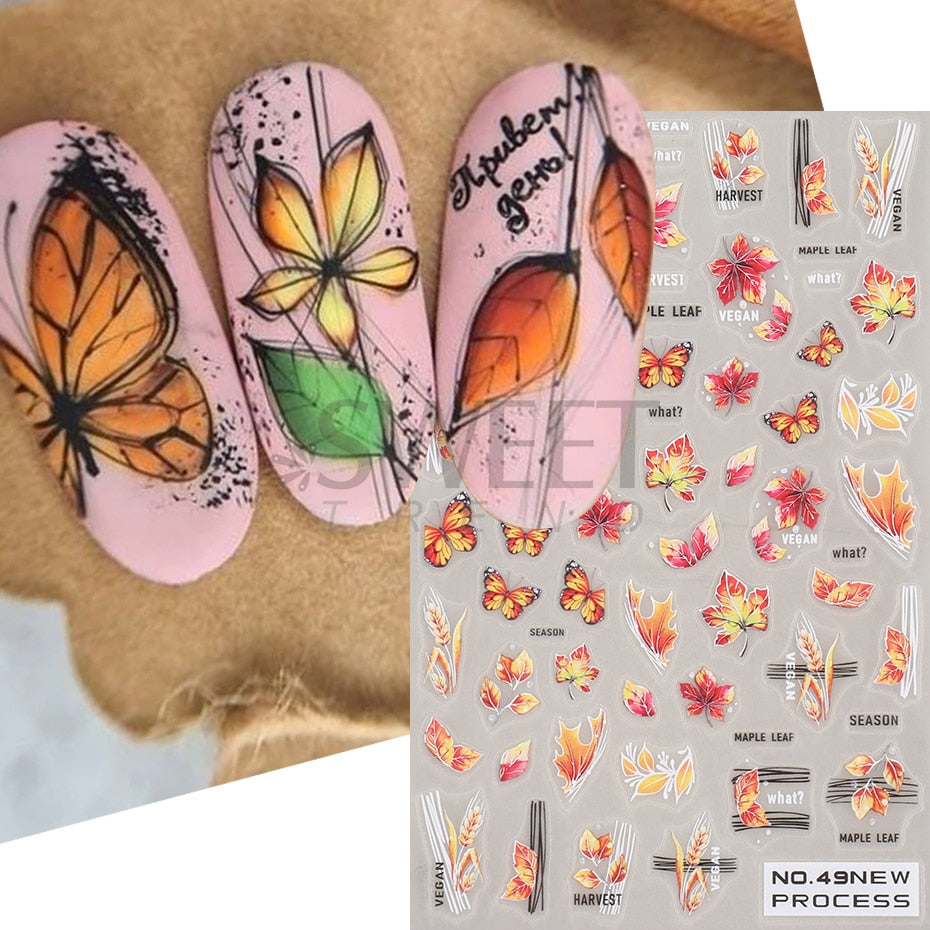 Snow Bird Winter Autumn Nail Art Stickers Maple Leaf Cotton Flower Fall Design Line Adhesive Sliders Manicure Decoration JINO-48