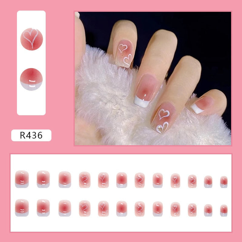 24Pcs/Box Sweet Short Round/Square Head False Nail Art Full Cover Detachable Artificial Fake Nails Ballerina Press on Nails Tips R436