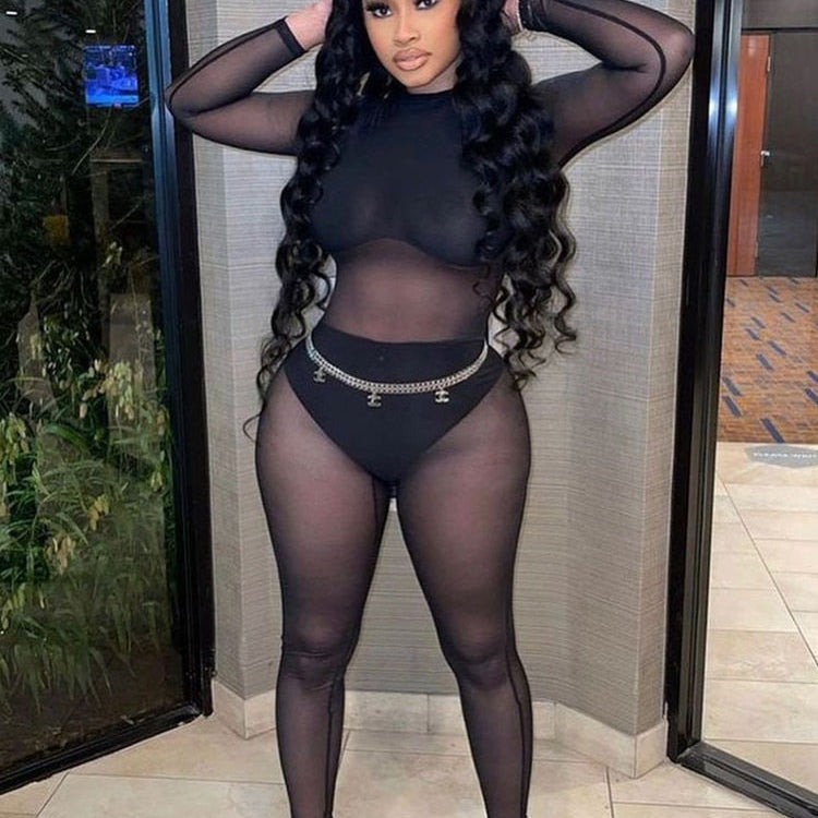 Sexy Jumpsuit Women Transparent Black Jumpsuits Elastic Mesh Bodysuits Summer See Through One Piece Night Club Outfit