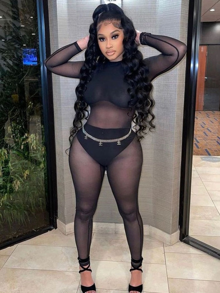 Sexy Jumpsuit Women Transparent Black Jumpsuits Elastic Mesh Bodysuits Summer See Through One Piece Night Club Outfit