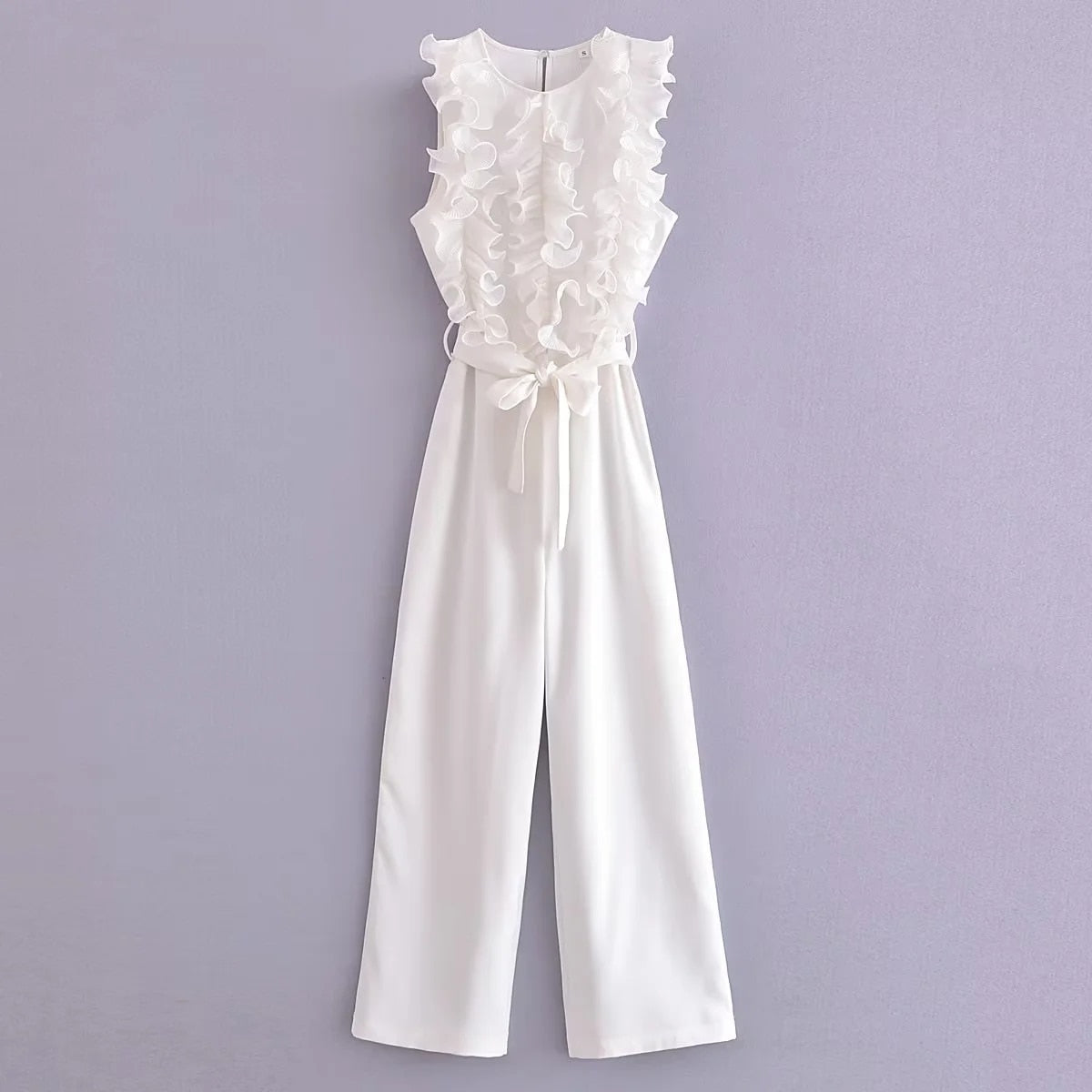 TRAF New Summer Women Elegant Solid Ruffle Sexy White Jumpsuits Fashion Long Jumpsuit with Belt As picture 1