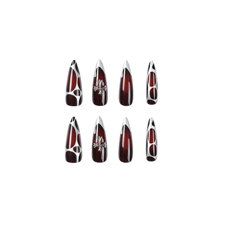 super cool fake nail silver false nail sharp press on nail red black spider special-shaped Punk Artificial Nail Salon Manicure