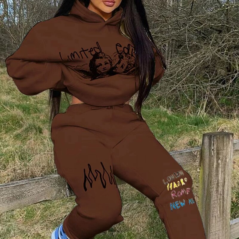Hoodies Set Woman Pants 2 Pieces Joggers Tracksuit Long Sleeve Sweatshirt Sweatpant Printed Loose Suit Fall Outfits Sportswear