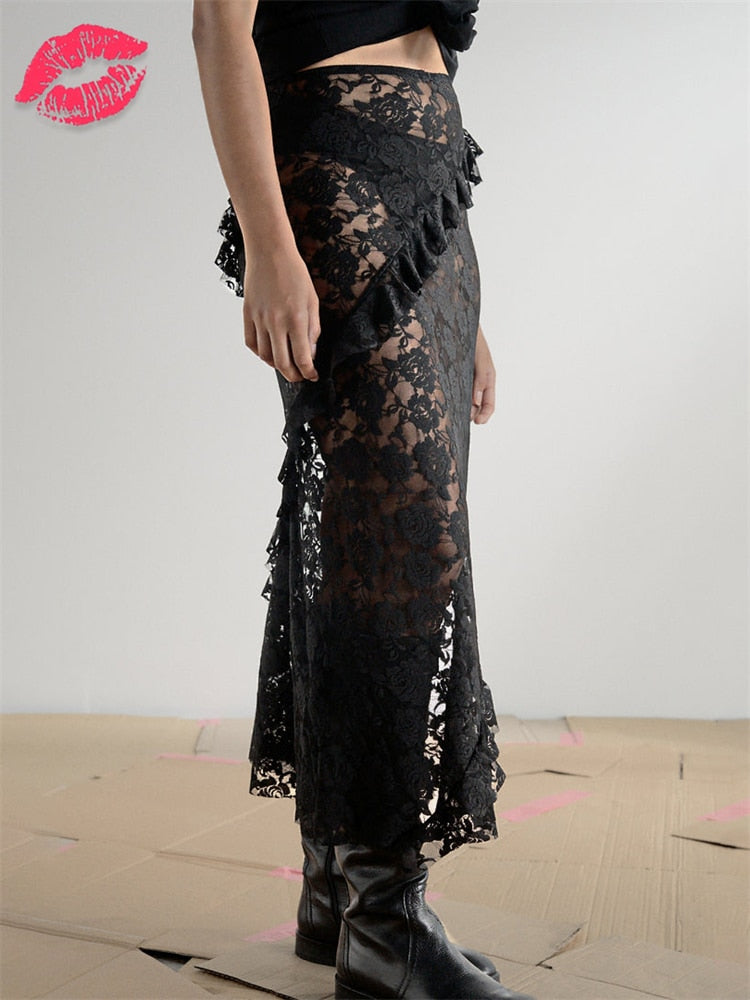 Tossy Lace Ruffled See-Through Maxi Skirt Women Slim Patchwork Party Holiday Women's Long Skirt Outfits Female Summer Maxi Skirt