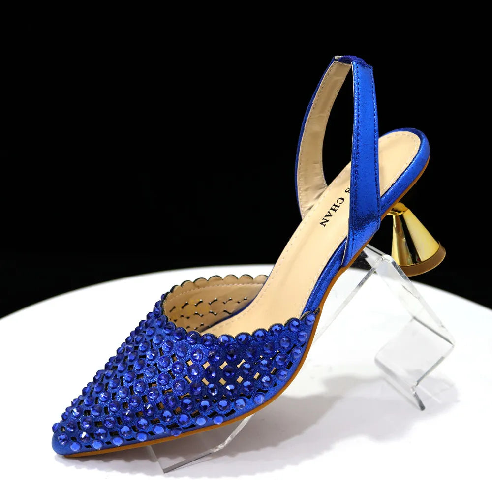 Venus Chan High Heels for Lady Luxury Designer Green Color Full Diamond Pointed Toe Wedding Shoe and Bag Set for Party Only shoes Blue